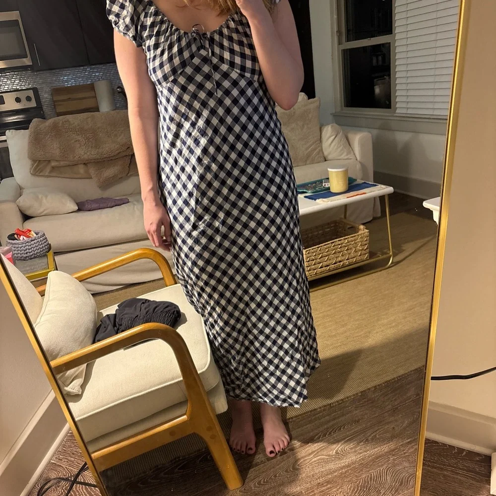 DOEN Navy Gingham Midi Dress - Women's Cap Sleeve Maxi - Picture 7 of 7